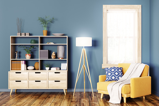 Interior con gabinete de madera y sillón render 3d photo