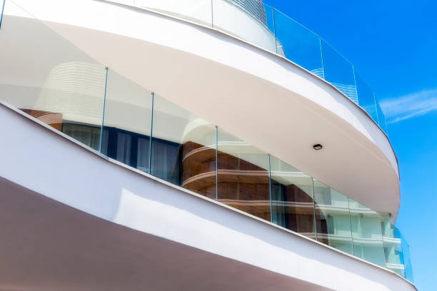 Modern architecture with large white balconies in modern white apartment building, Gdansk, Poland