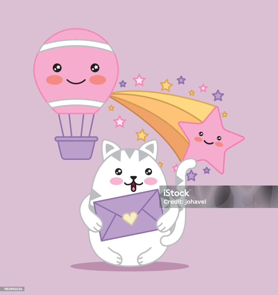 kawaii cartoon image kawaii cat holds message love air balloon cartoon vector illustration Animal stock vector