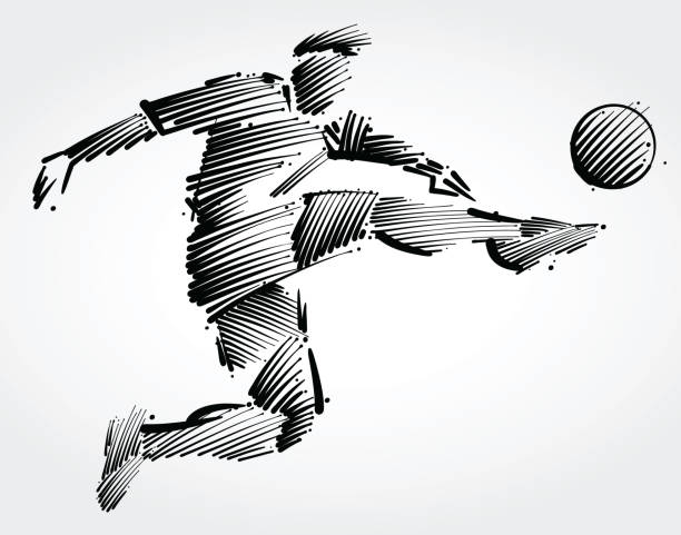 fußball-spieler fliegen, um den ball zu kicken - soccer player soccer sport people stock-grafiken, -clipart, -cartoons und -symbole