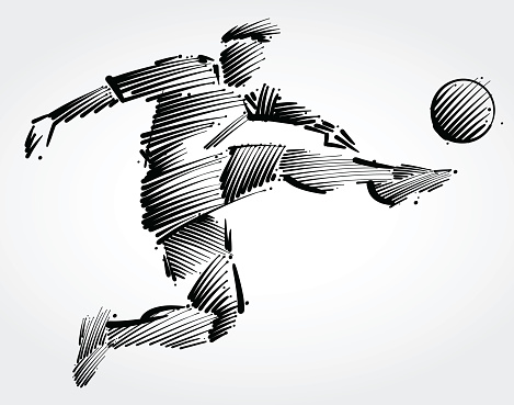 Soccer player flying to kick the ball made of black brushstrokes on light background