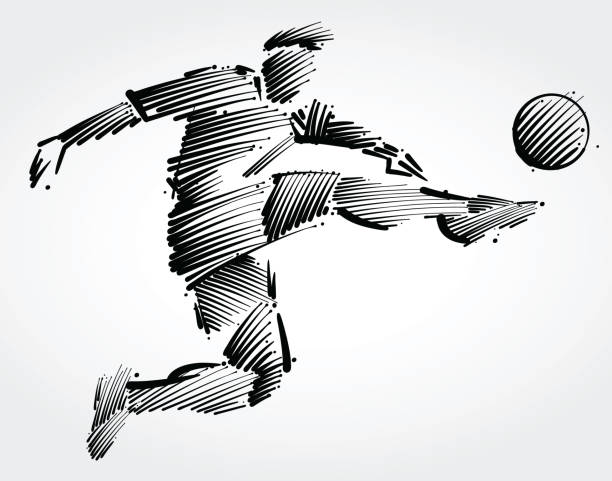 Soccer player flying to kick the ball Soccer player flying to kick the ball made of black brushstrokes on light background kicking illustrations stock illustrations