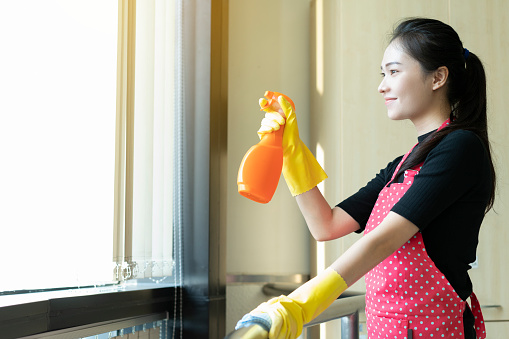 happy asian woman in gloves cleaning with cleanser spray into window at home