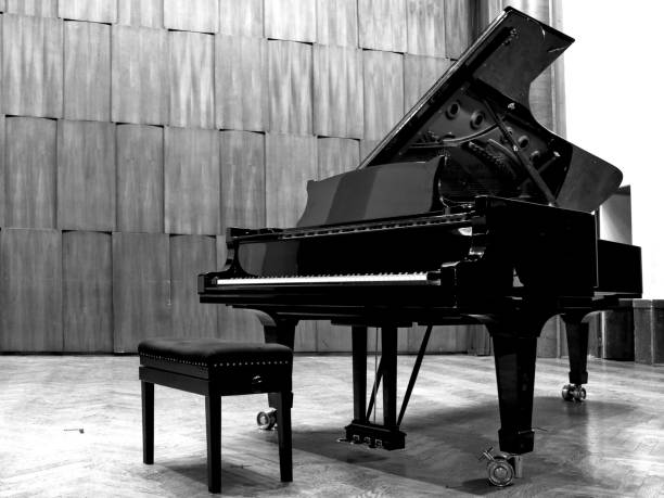 Black grand piano on stage, b&w Black grand piano on stage before the concert,b&w. conservatory education building stock pictures, royalty-free photos & images