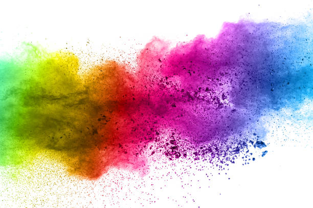 multicolor poeder explosie op witte achtergrond. gekleurde wolk. kleurrijke stof exploderen. verf holi - kleurenfoto stockfoto's en -beelden