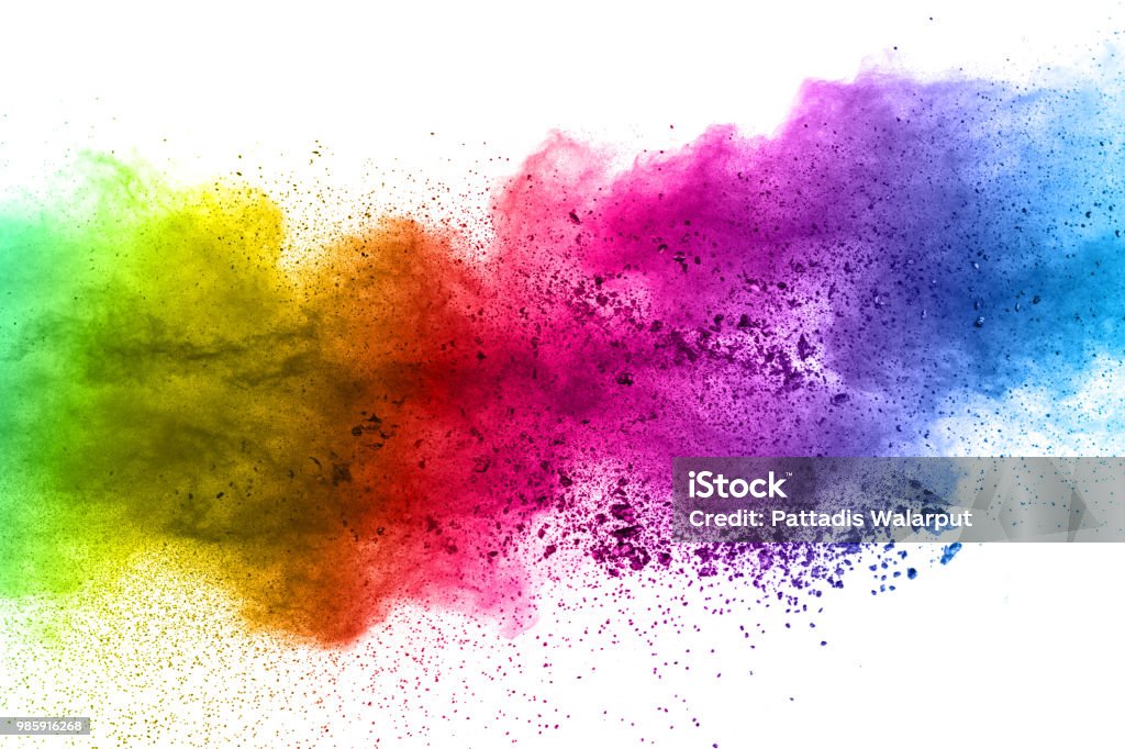 Multicolor powder explosion on white background. Colored cloud. Colorful dust explode. Paint Holi Colors Stock Photo