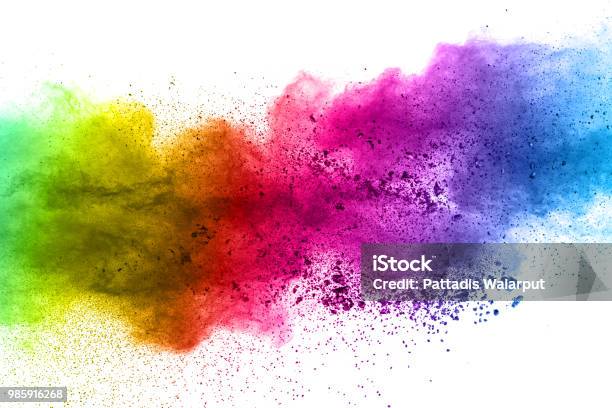 Multicolor Powder Explosion On White Background Colored Cloud Colorful Dust Explode Paint Holi Stock Photo - Download Image Now