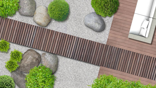 modern japanese garden architecture in top view modern japanese garden architecture with terrace in top view - 2D composite illustration japanese garden stock pictures, royalty-free photos & images