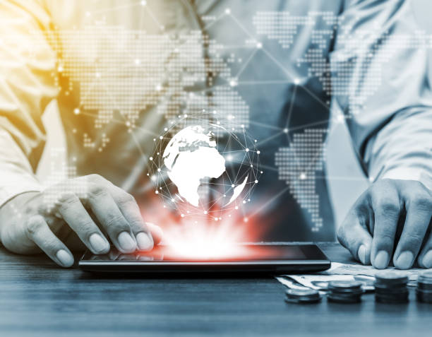 istock Technology people global world map network and online banking internet banking concept 985936148