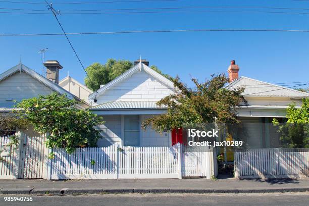Charming Bungalow Homes With White Picket Fence Stock Photo - Download Image Now - Australia, House, Australian Culture