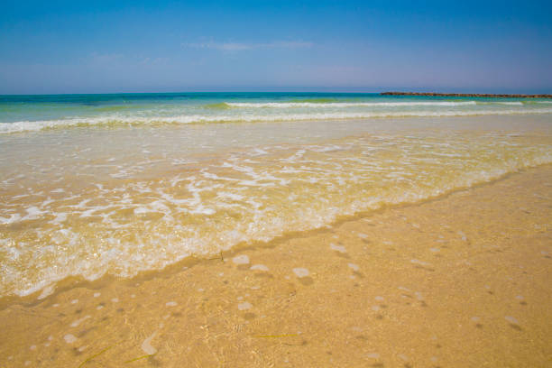 istock Soft blue ocean wave on sandy beach. Bottom. White sand on the beach with turquoise water in Djerba, Tunisia. 985940972