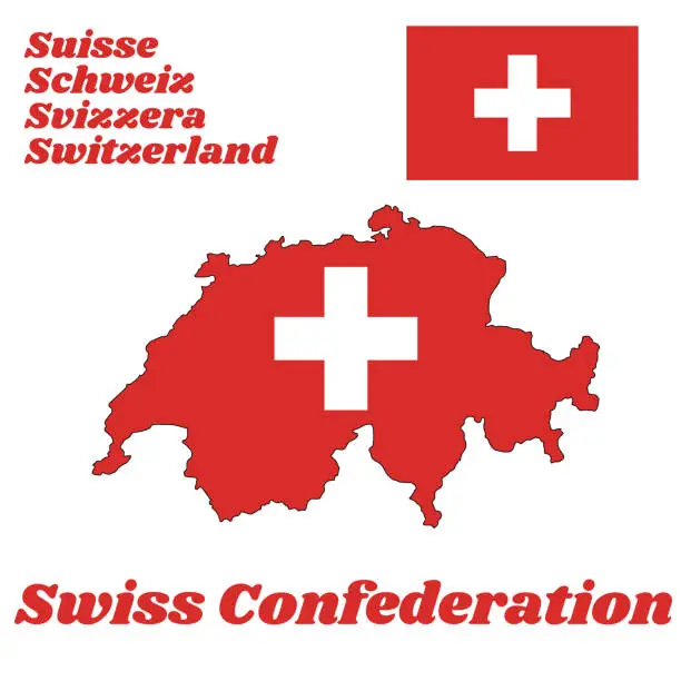 Vector illustration of Map outline and flag of Switzerland, It is consists of a red flag with a white cross in the centre.