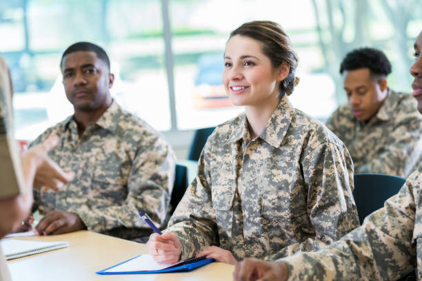 istock Attentive female student attends military academy 985941220