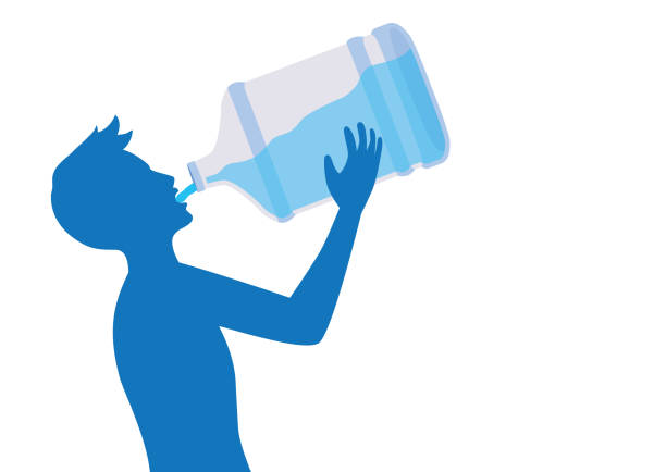 illustrazioni stock, clip art, cartoni animati e icone di tendenza di silhouette di uomo assetato che beve acqua da grande bottiglia. - treated water