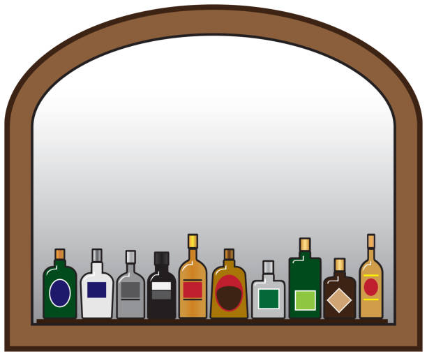 Liquor Bottles and Mirror A row of liquor bottles on a shelf in front of a mirror with room for copy bar drink establishment illustrations stock illustrations