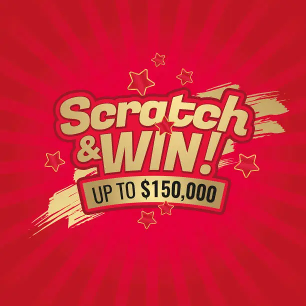 Vector illustration of Scratch and win letters. Scratched effect background and stars. Place for prize. For tickets, signs, promotion announcements, banners. Golden colors letters.
