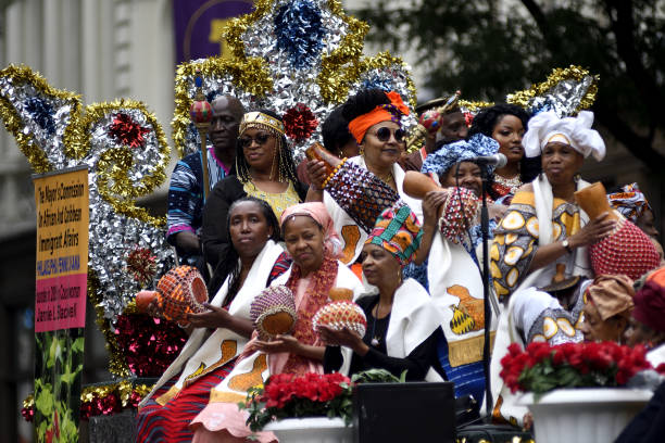 Philadelphia, PA, USA - June 23, 2018; Musicians on a float perform with traditional instruments during the annual Juneteenth parade in Center City Philadelphia, PA, on June 23, 2018. The Juneteenth Independence Day or Freedom Day commemorates the announcement of abolition of slavery on June 19, 1865.