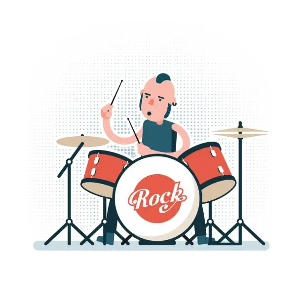 Vector illustration of Cartoon rock drummer playing on drum set. Illustration in flat style.