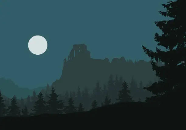 Vector illustration of Ruins of a medieval castle on a rock between forests and mountains, under night sky with moon - vector