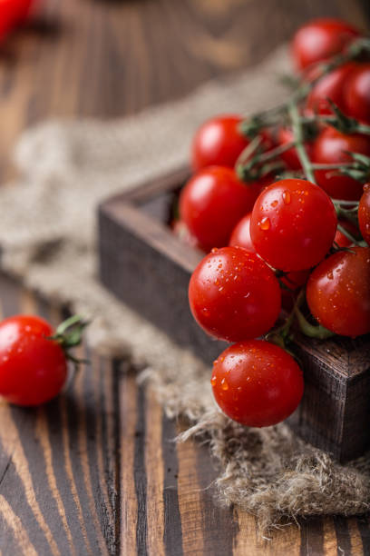 istock Small red cherry tomatoes on rustic background. Cherry tomatoes on the vine 985984848