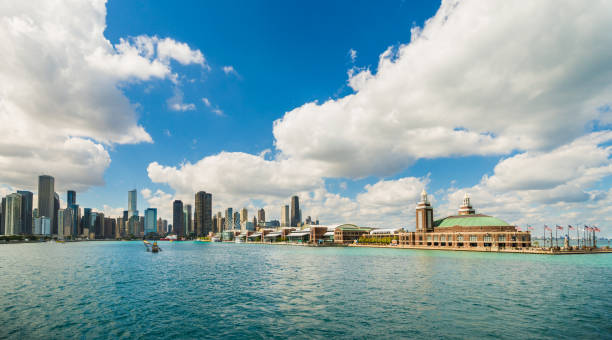 The Modern Architecture Tower Buildings in Downtown Chicago and the Michigan Lake, Illinois, United States