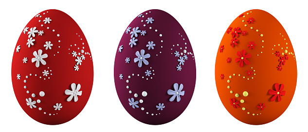 Multicolored easter eggs decorated with flower pattern isolated 3d rendering