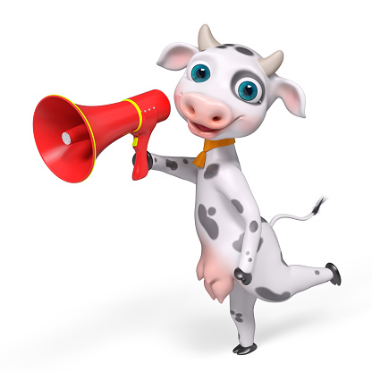 Cartoon character cow holding megaphone, isolated 3d rendering
