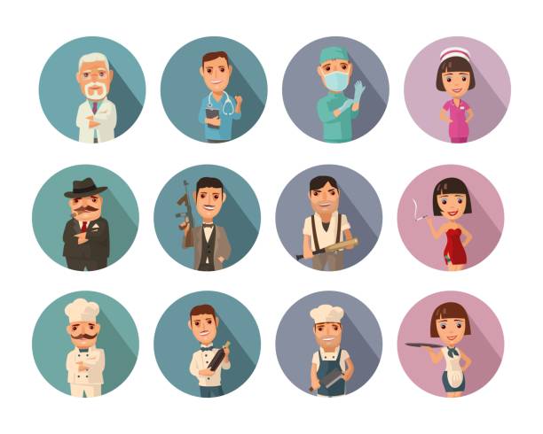 Set icon people different professions. Vector flat icon Set icon people different professions. Doctor, cook man, chef, waitress, mafia don, gangster, prostitute. Vector flat icon with shadow on color circle mob boss stock illustrations
