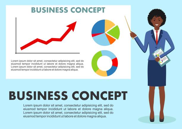 business-konzept. geschäftsfrau in der nähe von whiteboard und deutete auf das diagramm von finance analytics. graph mit trendlinie aufsteigen und münzen mit zeichen des dollars im flachen stil isoliert. vektor-illustration - graph arrow sign chart single line stock-grafiken, -clipart, -cartoons und -symbole