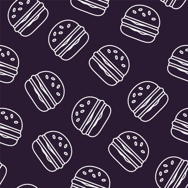 illustrazioni stock, clip art, cartoni animati e icone di tendenza di modello di fast food con hamburger contorno su sfondo nero. design piatto a linea sottile. vettore. - food meat doodle dairy product