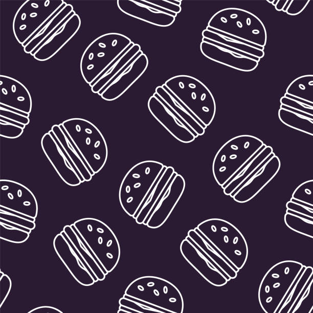 ilustrações de stock, clip art, desenhos animados e ícones de fast food pattern with contour burgers on black background. thin line flat design. vector. - food meat doodle dairy product