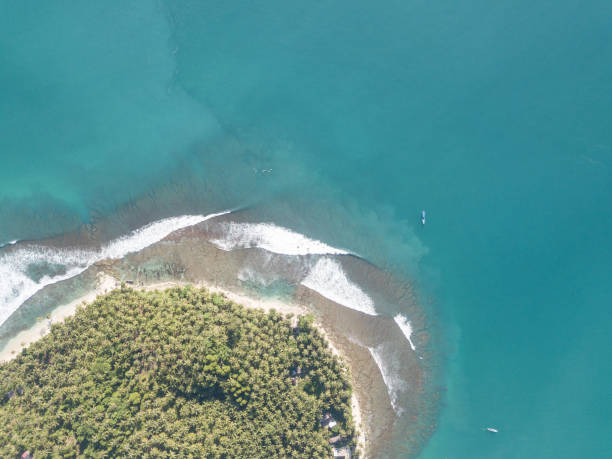 península tropical con olas, surfistas y barcos (desde arriba) - mentawai islands rural scene sumatra indonesia fotografías e imágenes de stock
