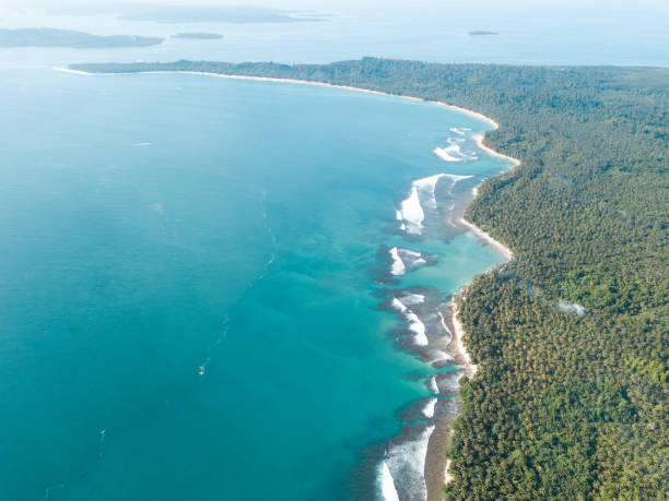 bosque cubierto de islas tropicales con las olas rompiendo a lo largo de la costa (desde arriba) - mentawai islands rural scene sumatra indonesia fotografías e imágenes de stock