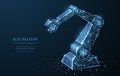 istock Robot hand. Polygonal wireframe mesh looks like constellation on dark blue with dots and stars. 986056184