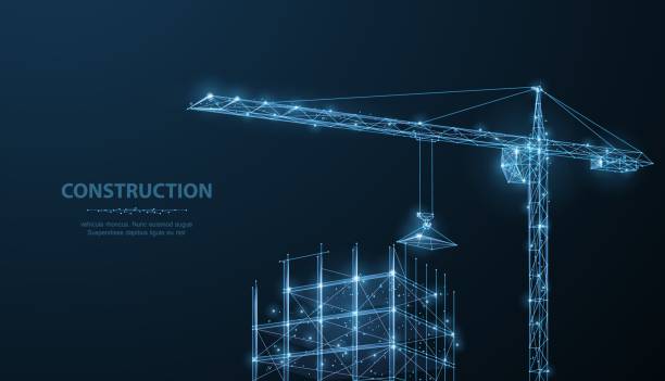 illustrazioni stock, clip art, cartoni animati e icone di tendenza di costruzione. wireframe poligonale edificio sotto crune su cielo notturno blu scuro con punti, stelle. - crane construction construction site built structure