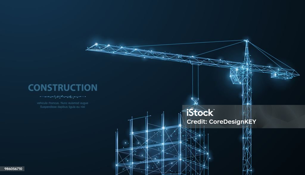 Construção. Wireframe poligonal edifício sob crune no céu azul escuro com pontos, estrelas. - Vetor de Setor de construção royalty-free