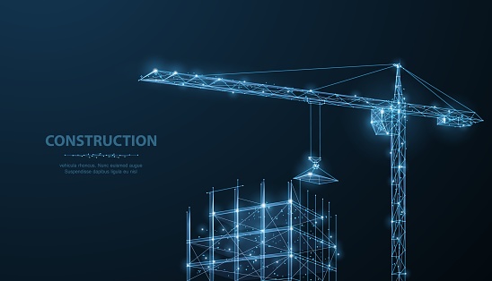 Construction. Polygonal wireframe building under crune on dark blue night sky with dots, stars. Construction, development, architecture or other concept illustration or background