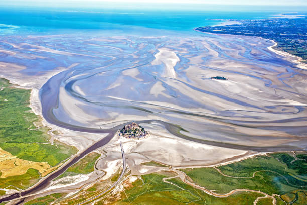 Mont Saint Michel Bay from airplane Mont saint michel from sky mont saint michel photos stock pictures, royalty-free photos & images