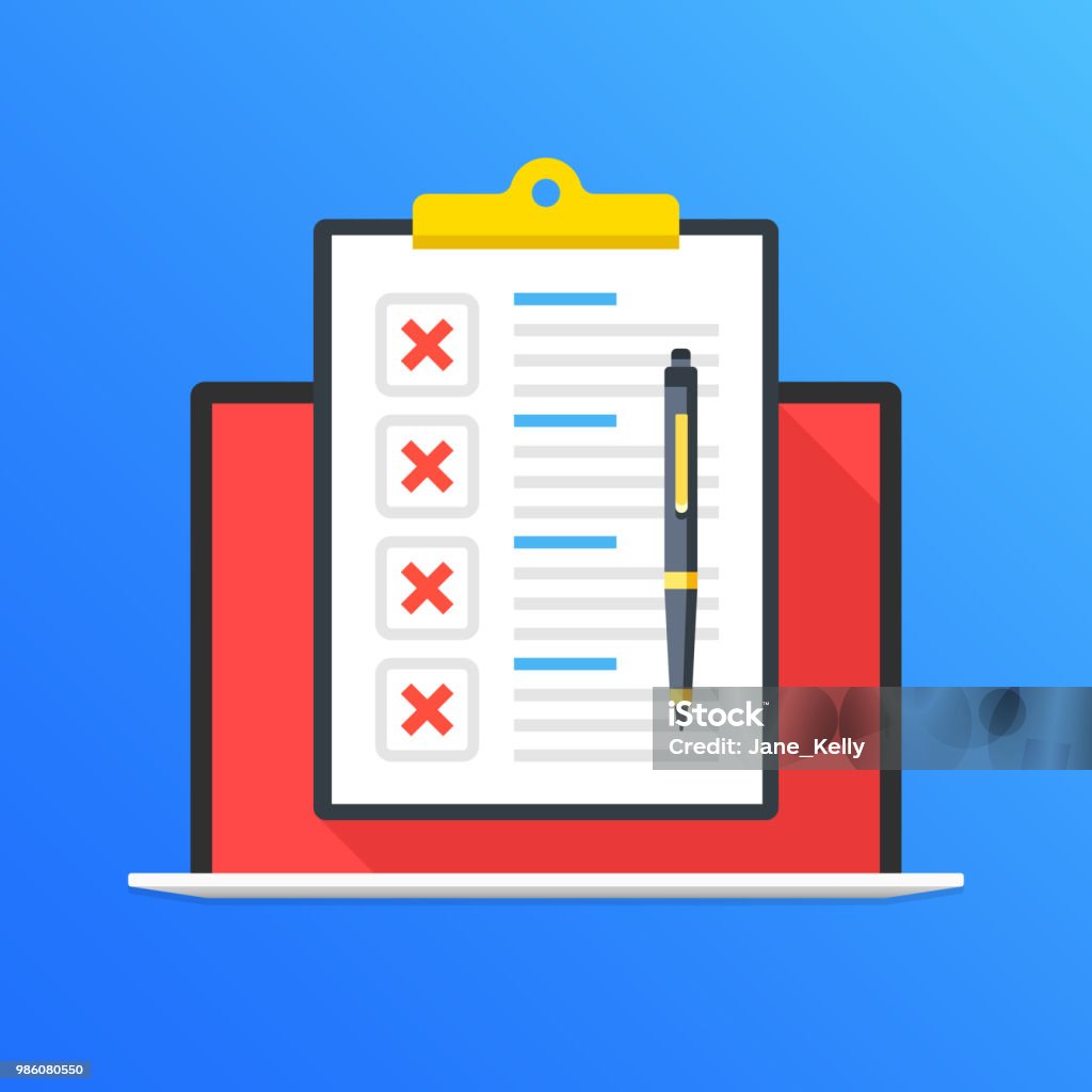 Checklist on laptop screen. Laptop and clipboard with red x marks, crosses and pen. Online survey, quiz, questionnaire concepts. Modern long shadow flat design graphic elements. Vector illustration Flat Design stock vector