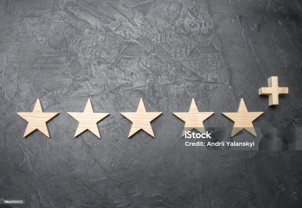 Five Wooden Stars And A Plus On A Concrete Gray Background The Concept Of  The Highest Evaluation Of Quality And Service Better Than Five Stars  Excellent Performance And Stunning Success Stock Photo 