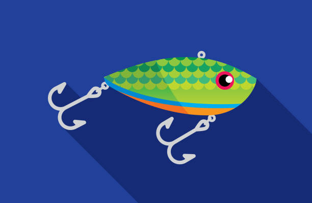 Fishing Lure Icon Flat Vector illustration of a fishing lure against a blue background in flat style. fishing bait stock illustrations