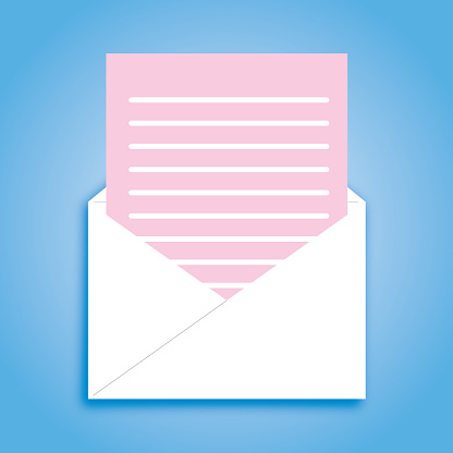 Vector illustration of a white envelope with a pink sheet of lined paper in it.