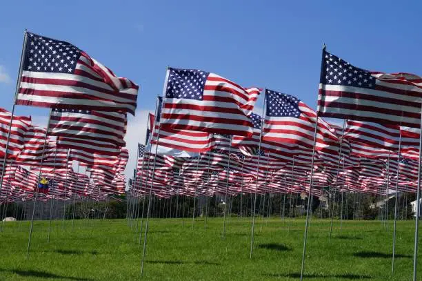 Hundreds of American Flags blowing in the wind - 4th of July - Pepperdine University, California. Independents Day Celebration. USA