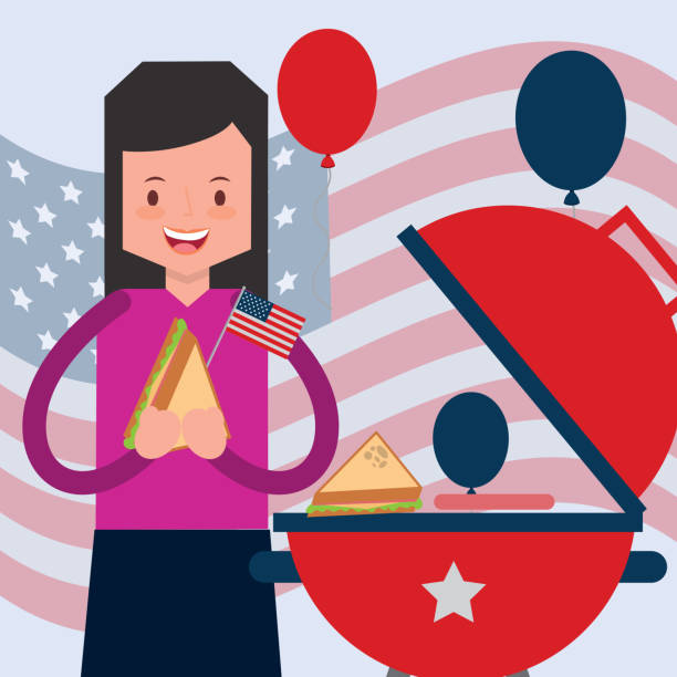 illustrazioni stock, clip art, cartoni animati e icone di tendenza di popolo americano giorno dell'indipendenza - cooked barbecue eating serving