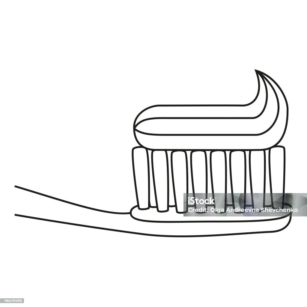 Line art black and white toothbrush with toothpaste Line art black and white toothbrush with toothpaste. Proper oral hygiene concept. Dental care vector illustration for icon, sticker, logo, stamp, label, badge, certificate leaflet or banner decoration Art stock vector