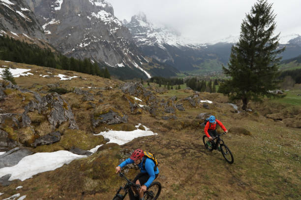 dois ciclistas de montanha ascendem trilha acima de grindelwald - 24454 - fotografias e filmes do acervo