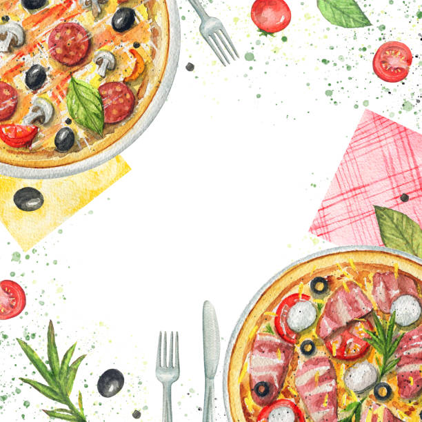 피자, 냅킨, 야채, 식기 수채화 구성 - pizza illustration and painting italian cuisine salami stock illustrations