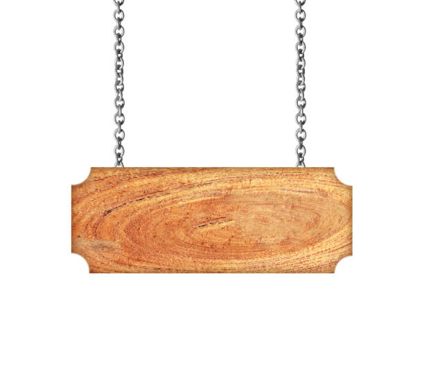 istock Wooden sign hanging on a chain isolated on white 986125908