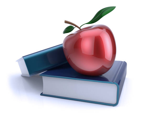 アップル、赤青の本します。教育、勉強、読書の概念 - book stack dieting textbook ストックフォトと画像