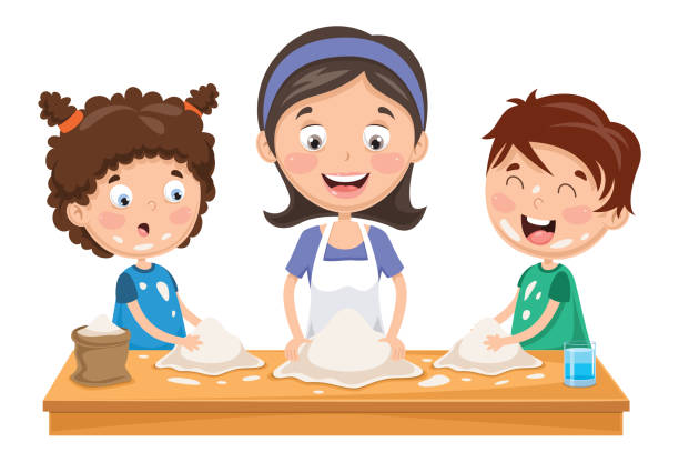 ilustrações, clipart, desenhos animados e ícones de ilustração em vetor de mãe e filhos, preparar a massa - bread kneading making human hand